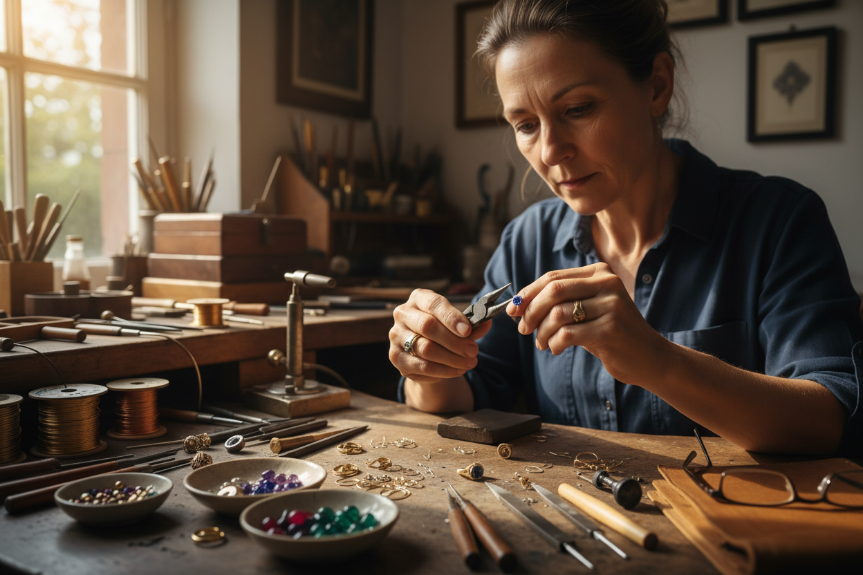 An image of a craftsman creating jewelry, which emphasizes the handmade and traditional aspects of your products.